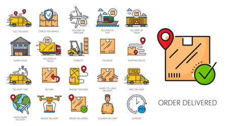 Color cargo carriage service, logistics line icons of supply chain and shipping, vector pictograms. Delivery and storage warehouse, logistics icons of parcel tracking and courier express fast shipmentのイラスト素材