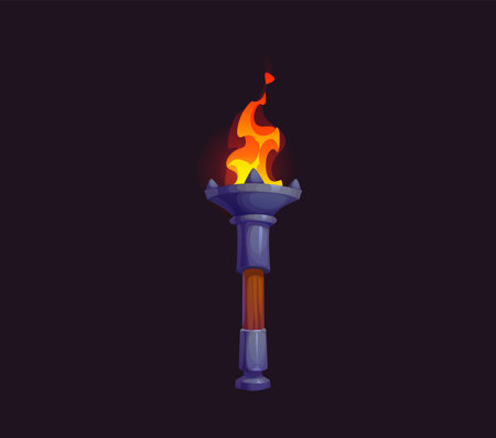 Game medieval fire torch with a bright burning flame, represents light, fire and adventure, for fantasy, pirate or historical game. Cartoon vector blazing torchlight with wooden handle and metal bowlのイラスト素材