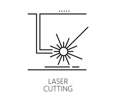 Laser cutting metalwork equipment line icon. Steel cutting production technology line symbol, CNC engraving metalwork industry or laser etching manufacture equipment linear vector icon or pictogramのイラスト素材