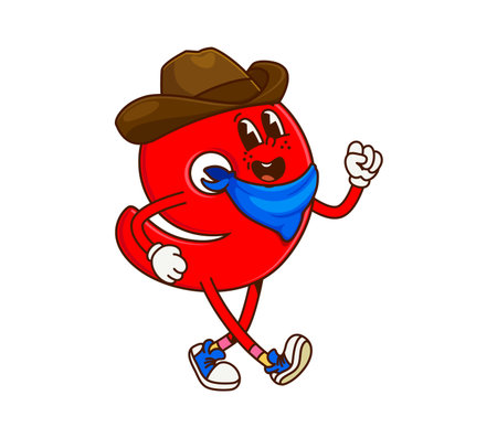 Cartoon groovy math number nine cowboy and bandit character. Isolated vector cowpuncher 9 digit personage with a hat, showcasing playful fusion of numerical and Wild West educational retro funky vibesのイラスト素材