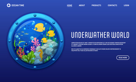 Landing page with porthole and underwater landscape with tropical fish shoal and seaweeds. Vector web banner template captivates the beauty of marine life, invites for ocean and sea aquatic adventuresのイラスト素材