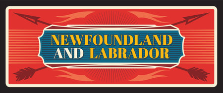Newfoundland and Labrador province of Canada in Atlantic region. Vector travel plate, vintage sign, retro postcard design. Old plaque with ribbons and arrows, tourist souvenir cardのイラスト素材