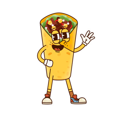 Groovy fast food shawarma character with a cheerful expression, wearing retro sneakers and waving hand. Isolated cartoon vector delicious roll with meat, personage for restaurants and children menuのイラスト素材