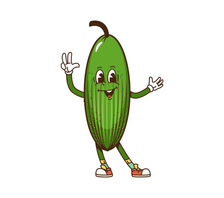 Cartoon groovy cucumber vegetable character with a funky and playful expression, wearing casual shoes and flashing peace sign. Isolated vector ripe, fresh farm veggie personage promotes healthy eatingのイラスト素材