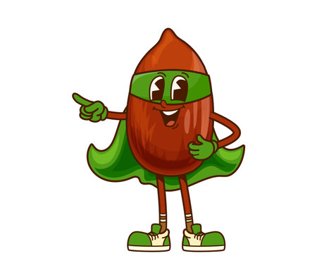 Groovy superhero peanut nut character, complete with a green cape, mask, gloves and shoes. Cartoon vector nutritional food personage is smiling and pointing confidently, embodying strength and funのイラスト素材