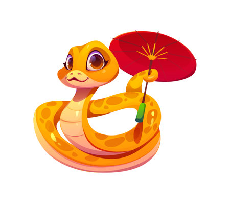 Cute cartoon snake character holding a red parasol. 2025 Chinese lunar year symbol. Reptile animal snake with yellow and orange scales, large expressive eyes and gentle smile lying in elegant poseのイラスト素材