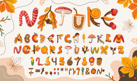 Cartoon fall autumn font, Thanksgiving type, autumnal funny alphabet letters and numbers of autumn leaves, mushrooms, raindrops. Vector typography alphabet characters font, thanksgiving pie and applesのイラスト素材