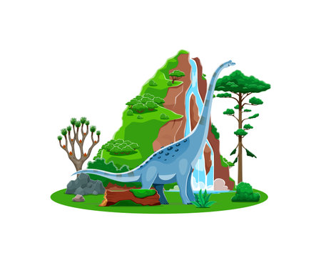 Titanosauria prehistoric dinosaur character. Isolated cartoon vector sauropod dino in lush landscape with trees, waterfall and rocks. Ancient Jurassic or Mesozoic world, natural habitat of dinosaursのイラスト素材