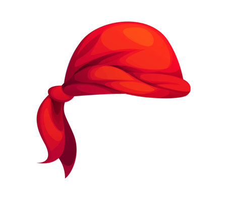 Cartoon pirate and corsair red bandana hat, filibuster costume signifies swashbuckling and buccaneer naval spirit. Isolated vector textile picaroon headwear, head scarf, vintage sea rover handkerchiefのイラスト素材