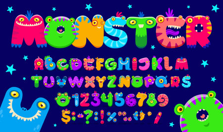 Cartoon monster font, bugaboo type, bogle typeface, scarecrow alphabet vector typography of funny Halloween aliens, fantasy animals, dragons. Cute monster characters in shape of letters and numbersのイラスト素材