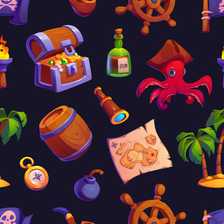 Cartoon game pirate characters and items seamless pattern. Vector tile backgrounds with treasure chest, map, rum bottle, octopus and compass, steering wheel, bomb, spyglass and palm tree with torchのイラスト素材