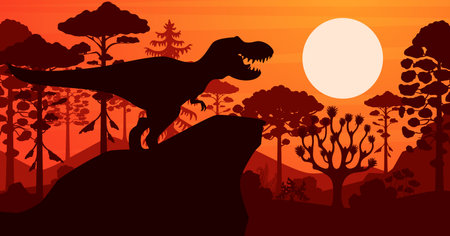 Prehistoric t-rex dinosaur silhouette at tropical sunset forest vector background. Jurassic tyrannosaurus dino animal roaring on the top of mountain with jungle trees and setting sun on the horizonのイラスト素材
