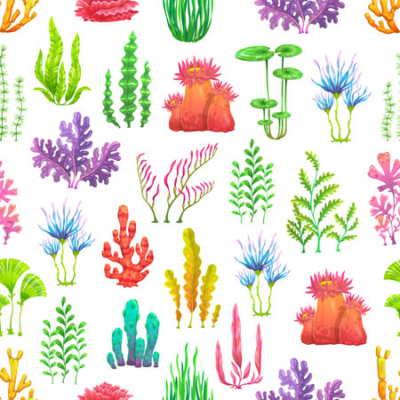 Cartoon underwater seaweed plants in seamless pattern, vector background. Coral reef plants pattern of ocean undersea colorful seaweeds and aquarium and sea algae with actinia flowers and leavesのイラスト素材