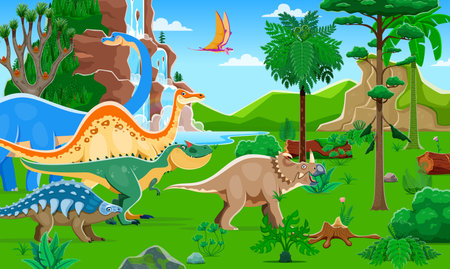 Prehistoric dinosaurs of Jurassic era on dino park landscape, vector background. Funny cartoon dinosaurs and prehistoric lizard characters in Jurassic jungle or forest for kids paleontology parkのイラスト素材