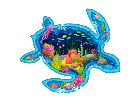 Paper cut turtle silhouette with underwater landscape of tropical reef vector background. Cartoon fish schools, jellyfish and starfish with seaweeds and bubbles in 3d paper cut marine turtle frameのイラスト素材