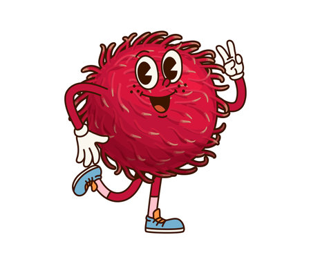 Groovy tropical lychee fruit character. Isolated cartoon vector ripe, healthy exotic fruit personage walking cheerfully in vintage sneakers, with happy smile, peace gesture and retro, y2k, hippie vibeのイラスト素材
