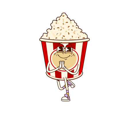 Groovy fast food popcorn bucket character. Fun and whimsical cartoon pop corn box striking a playful meditative yoga pose. Isolated cartoon vector relaxed personage ready for nostalgic movie nightのイラスト素材
