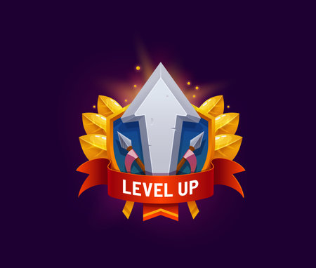 Game app level up award badge or icon asset. Game win rank icon vector asset, casino or videogame level up award GUI symbol. Arcade task complete badge with stone arrow, red ribbon and golden leavesのイラスト素材