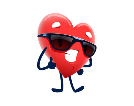 Cartoon cheerful heart character in sunglasses for love emoji of Valentine day, vector emoticon. Cool heart with wide smile and thumb up in sun glasses, cartoon character with cheerful emotionのイラスト素材