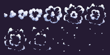 Smoke explosion game sprite or animated cloud steam of cartoon bomb blast, vector effect. TNT bomb explode with smoke cloud animation sprite sheet of blast and pop puff for cartoon dynamite explosionのイラスト素材