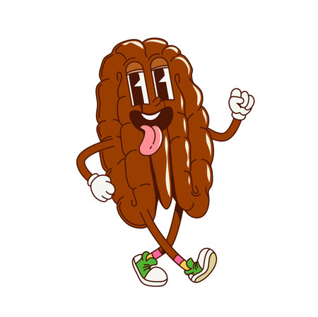 Groovy pecan nut character in retro cartoon with funky happy smile, vector comic emoji. Groovy quirky pecan nut in good vibes with silly face and tongue out for psychedelic retro cartoon characterのイラスト素材