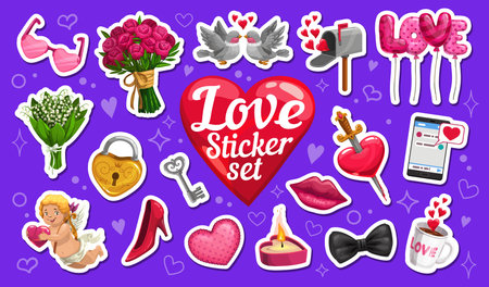 Valentine day love and heart stickers pack captures the essence of romantic holiday. Vector roses, hearts, letter, cute cupid and doves, lips, candle and red shoe patches for expressing affectionのイラスト素材