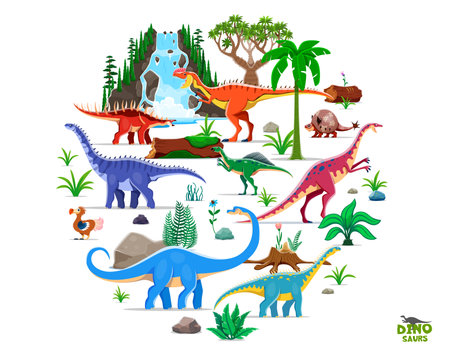 Prehistoric dinosaurs round shape with cartoon vector dino characters arranged in round isolated figure amidst lush Jurassic era landscape with waterfall, palm trees, ferns, plants and volcanic rocksのイラスト素材