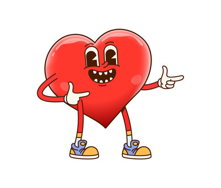 Cartoon playful heart character with a groovy bright smile and expressive eyes captures an upbeat and happy vibe for themes of love, positivity and fun. Isolated vector cute Valentines day personageのイラスト素材