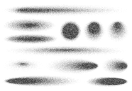 Spray noise grain circle and oval figures, halftone shapes with spray effect creates smooth gradient brush that transition from dense to sparse. 3d vector abstract dotwork with pointillism sand effectのイラスト素材