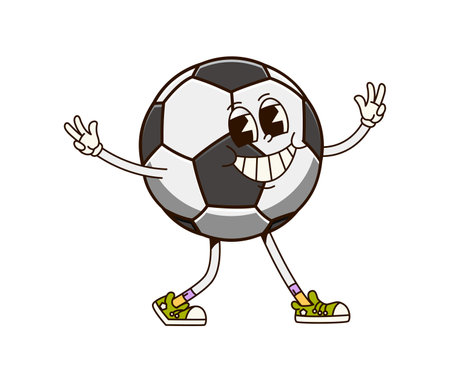 Groovy European football ball sport character. Isolated cartoon vector retro soccer personage with happy face captures the joy and excitement of football game, showcasing peace signs with sporty vibeのイラスト素材