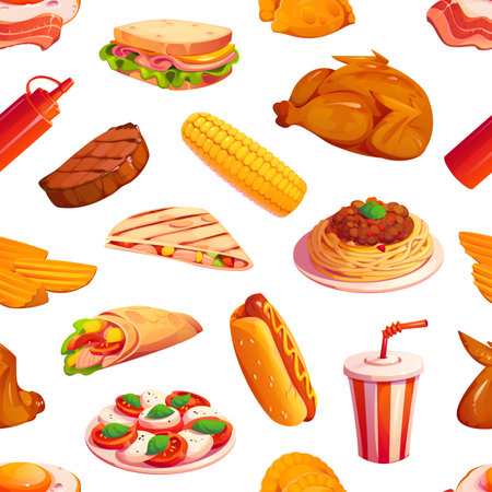 Cartoon fast food seamless pattern. Wallpaper pattern, fabric vector print with fast food cafe meals. Wrapping paper backdrop with sandwich, corn and pasta, soda drink, steak meat and fried chickenのイラスト素材