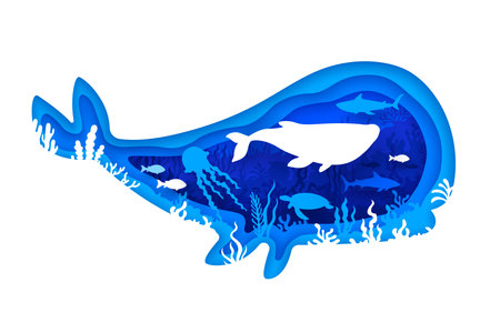 Paper cut underwater landscape with whale silhouette and sea animals, fish, jellyfish and a turtle. 3d vector papercut frame in shape of sperm whale with tropical aquatic vegetation and marine lifeのイラスト素材