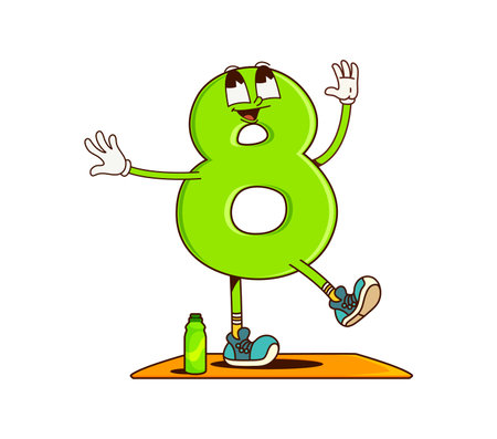 Math number eight groovy character on fitness. Practicing fitness exercise school math number cheerful vector personage, doing yoga numeric symbol, education digit 8 or math number groovy characterのイラスト素材
