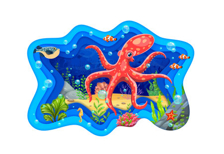 Paper cut banner with sea octopus, fish shoal and underwater landscape, colorful starfish, seahorse, coral and aquatic plants. 3d vector blue wavy, papercut border with the ocean and marine lifeのイラスト素材