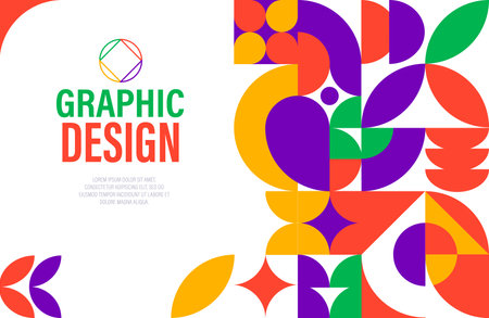 Abstract modern banner with geometric shapes pattern, vector background with graphic design. Book cover or web banner with modern geometric pattern of minimal simple shapes and retro mosaic elementsのイラスト素材