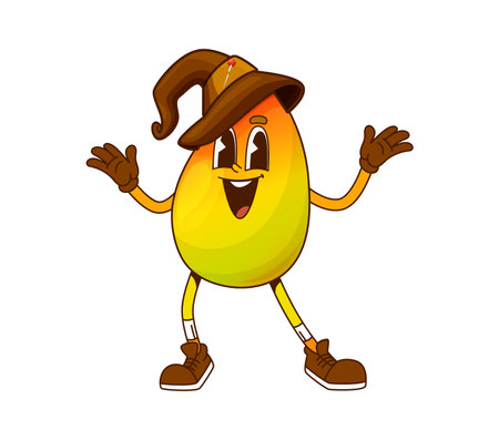 Groovy mango fruit Halloween wizard character. Ripe tropical fruit wizard comic personage, whole mango sorcerer or magician vintage groovy vector character or funny mascot wearing magic hatのイラスト素材