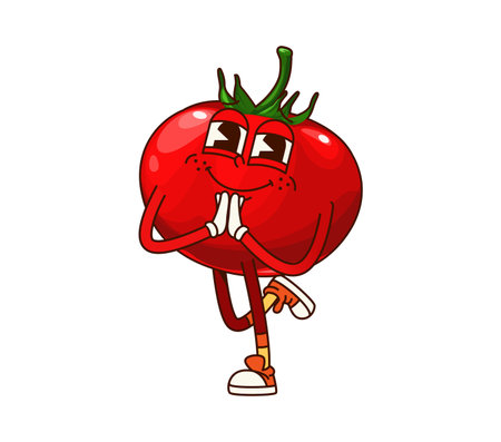 Groovy tomato vegetable character. Isolated cartoon vector ripe healthy tomato veggie retro food personage with ripe red color and smiling face standing in relaxed yoga asana pose with clapped handsのイラスト素材