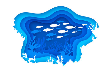 Paper cut blue underwater landscape with tropical fish shoals, vector undersea background. Ocean underwater or sea life in paper cut water with cartoon cutout fishes and coral reef seaweedsのイラスト素材