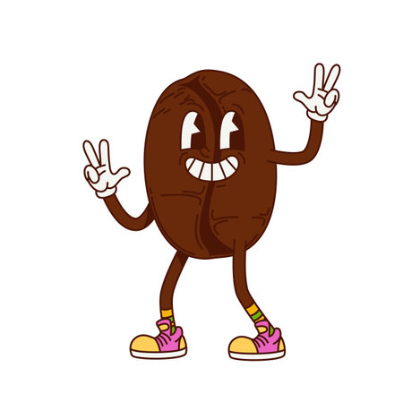 Groovy coffee bean character with funky crazy face in retro cartoon, vector comic emoji. Groovy funky coffee bean with hippie peace sign fingers in good vibe for psychedelic retro cartoon characterのイラスト素材