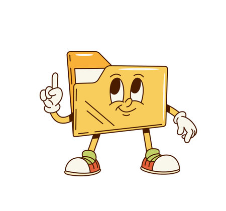 Groovy computer folder character for PC desktop with documents, vector retro cartoon. Groovy funky computer file folder icon with happy smile and comic face for funny digital cartoon characterのイラスト素材