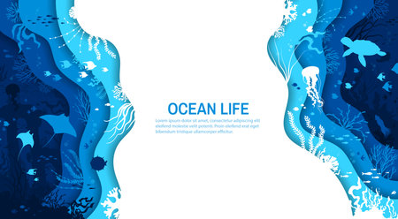 Paper cut underwater landscape, ocean life banner with fishes and sea animals, vector background. Undersea or underwater paper cut landscape with coral reef jellyfish, stingray and turtle with squidのイラスト素材