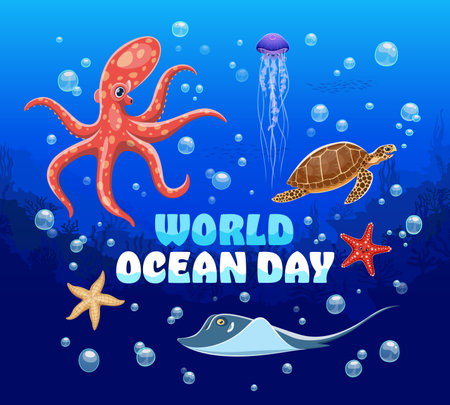 World oceans day banner featuring cartoon octopus, jellyfish, turtle, starfish and stingray animals at deep blue ocean background with bubbles. Vector sea conservation poster with marine biodiversityのイラスト素材