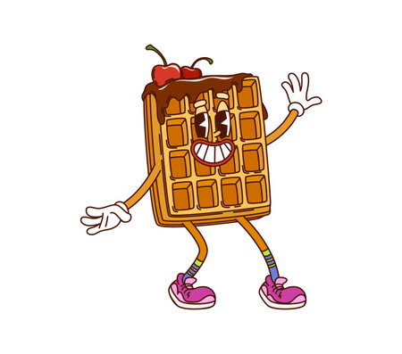 Groovy Belgian waffle funny hippie dessert, sweet character with chocolate topping and cherry berry. Cartoon vector wafer appetizer personage with smiling face. Retro confectionery, funky pastry snackのイラスト素材