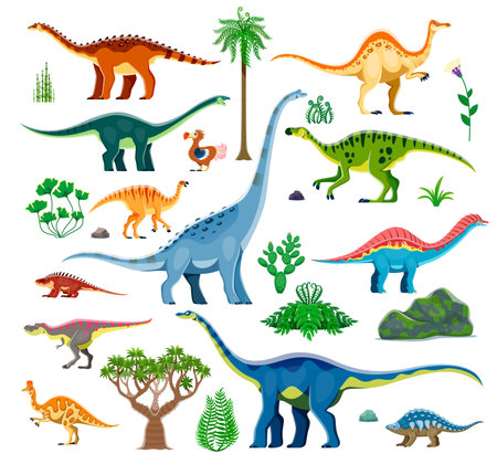 Prehistoric dinosaurs and Jurassic cartoon lizards for kids dino collection, vector toys. Funny cute dinosaurs collection of amygalodon with titanosauria and trabosaurus for archeology or educationのイラスト素材