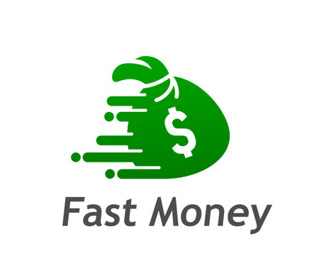 Fast money transfer icon for quick cash exchange or pay and credit finance, vector emblem. Dollar bag in fast motion icon for online transfer or cash withdrawal from ATM, payment and bank service signのイラスト素材