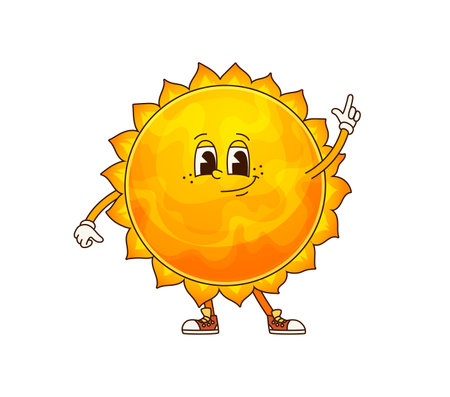 Cartoon sun solar system groovy planet character with cheerful expression and playful pose. Isolated vector cute and quirky space personage radiating retro vibes, fun and joy for astronomy learningのイラスト素材