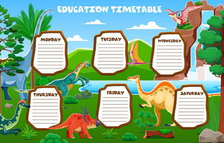 Education timetable schedule with prehistoric dinosaurs. Vector educational lesson planner template for classrooms or kids homeschooling with cartoon dino species in lush, natural Jurassic environmentのイラスト素材