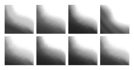 Halftone gradient pattern gradation backgrounds with half tone dots, abstract vector. Halftone pattern backgrounds with diagonal waves or wavy dots gradation from corners with grainy monochrome effectのイラスト素材