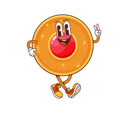 Cartoon funny groovy round crumbly cookie character. Funny vector dessert, bakery personage with jam center. Freshly baked pastry, kawaii bake house product joyfully smiling and flashing peace signのイラスト素材