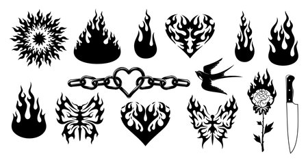 Tribal y2k tattoo set including fire, hearts, chains, butterflies, rose, knife and bird. Vector black flame-themed silhouettes, retro symbols of passion, danger and rebellion with bold fiery shapesのイラスト素材